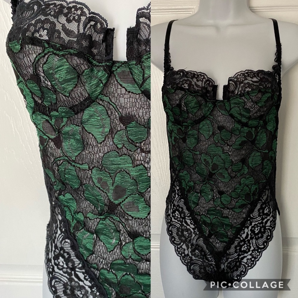 Vintage 90s Emerald Green Black Lace Bodysuit Med Made USA Victoria’s Secret